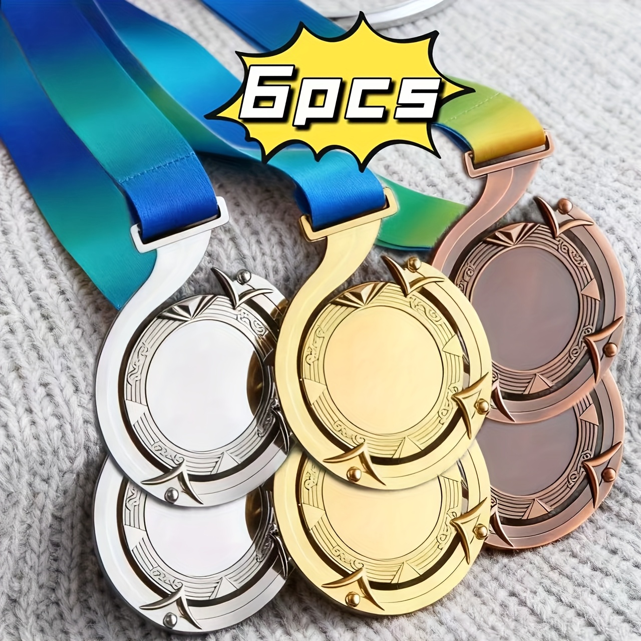 E-shop 6-teiliges Set unregelmäßig geformter Sport-Ehrenmedaillen aus Zinklegierung: Goldene, silberne bronzene Medaillen. Geeignet für verschiedene