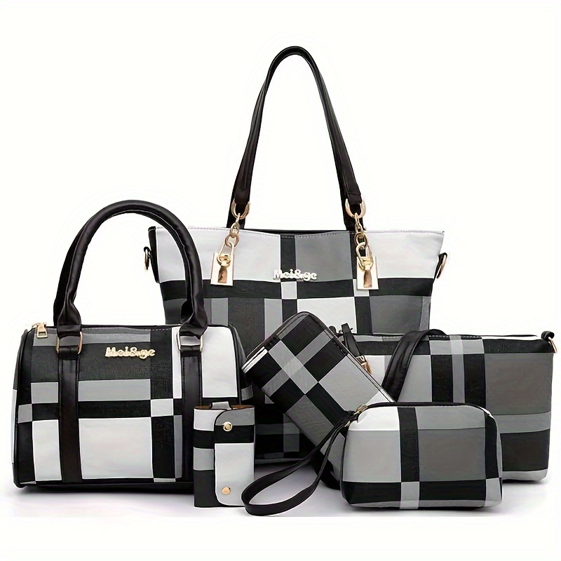 6pcs set large capacity checkered pattern shoulder bag with simple handbag crossbody bag clutch bag long short wallet details 7