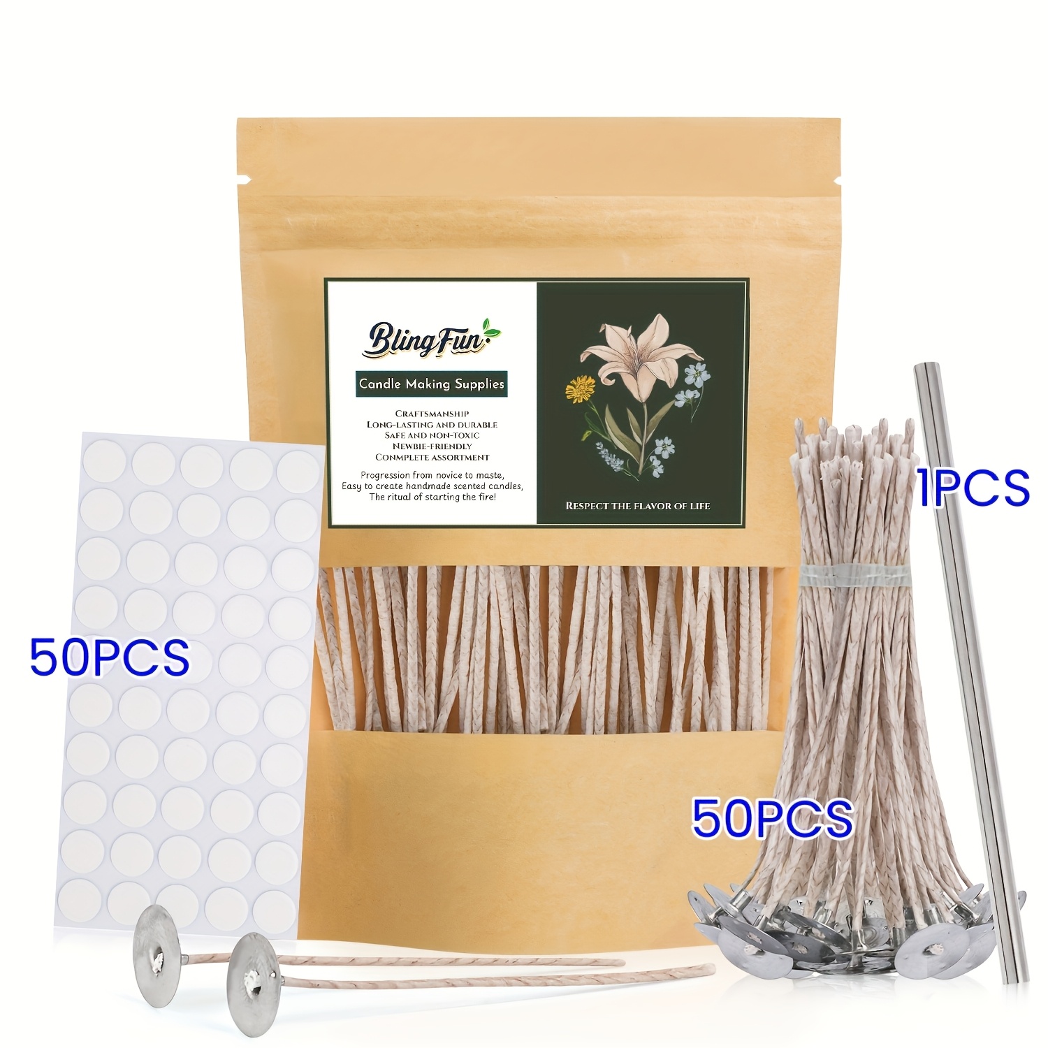 Blingfun 50/100pcs Candle Making Wick Set, Normal/thick Candle Wicks, Wick Placement Tubes, Wick Stickers, Candle Making Supplies Set, For Making Aromatherapy Candles Holiday Decorative Candles