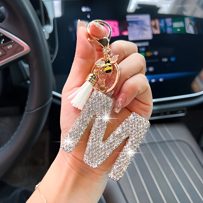 TEMU Sparkling Synthetic Rhinestone Letter Keychain With An Adorable Bee Charm And Tassel - Keychain, Letter Design, Suitable For Bags Or Keys, Cute