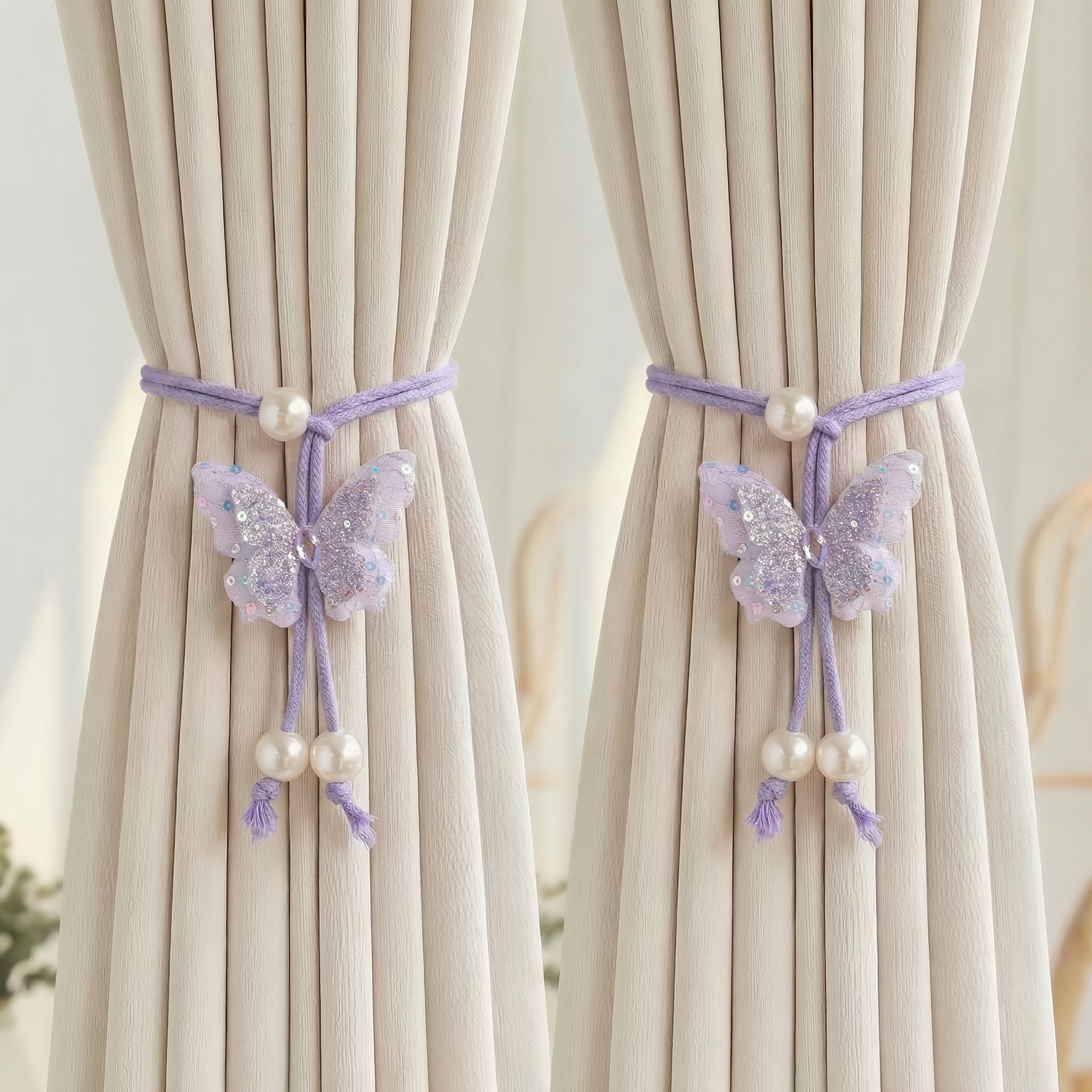 Image of 2pcs - Adjustable Sequin Curtain Tiebacks, Suitable For Sheer And Regular Curtains, Home Decoration For Living Room And Bedroom, Curtain Tiebacks