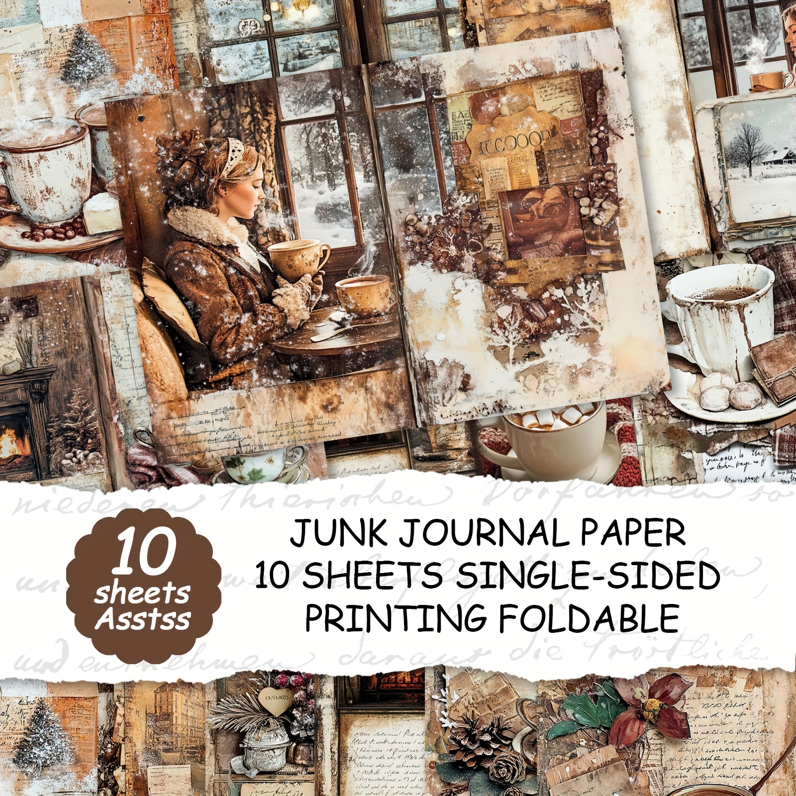 TEMU 10 Sheets A4 Vintage Winter Journals & Junk Journals - Paper Book Covers With Labeled Sections Design, Single-sided Printing,