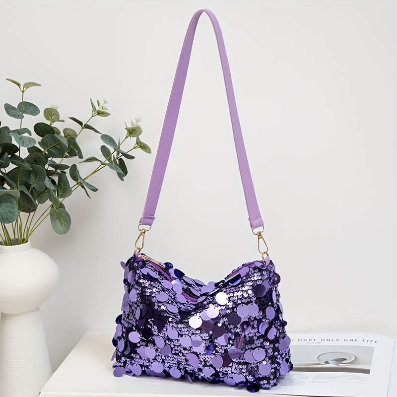 Image of Summer Aesthetic Single Shoulder Bag, Versatile High-end Sequin Body Bag, 5 Colors , Silvery, Apricot, , Black, Purple