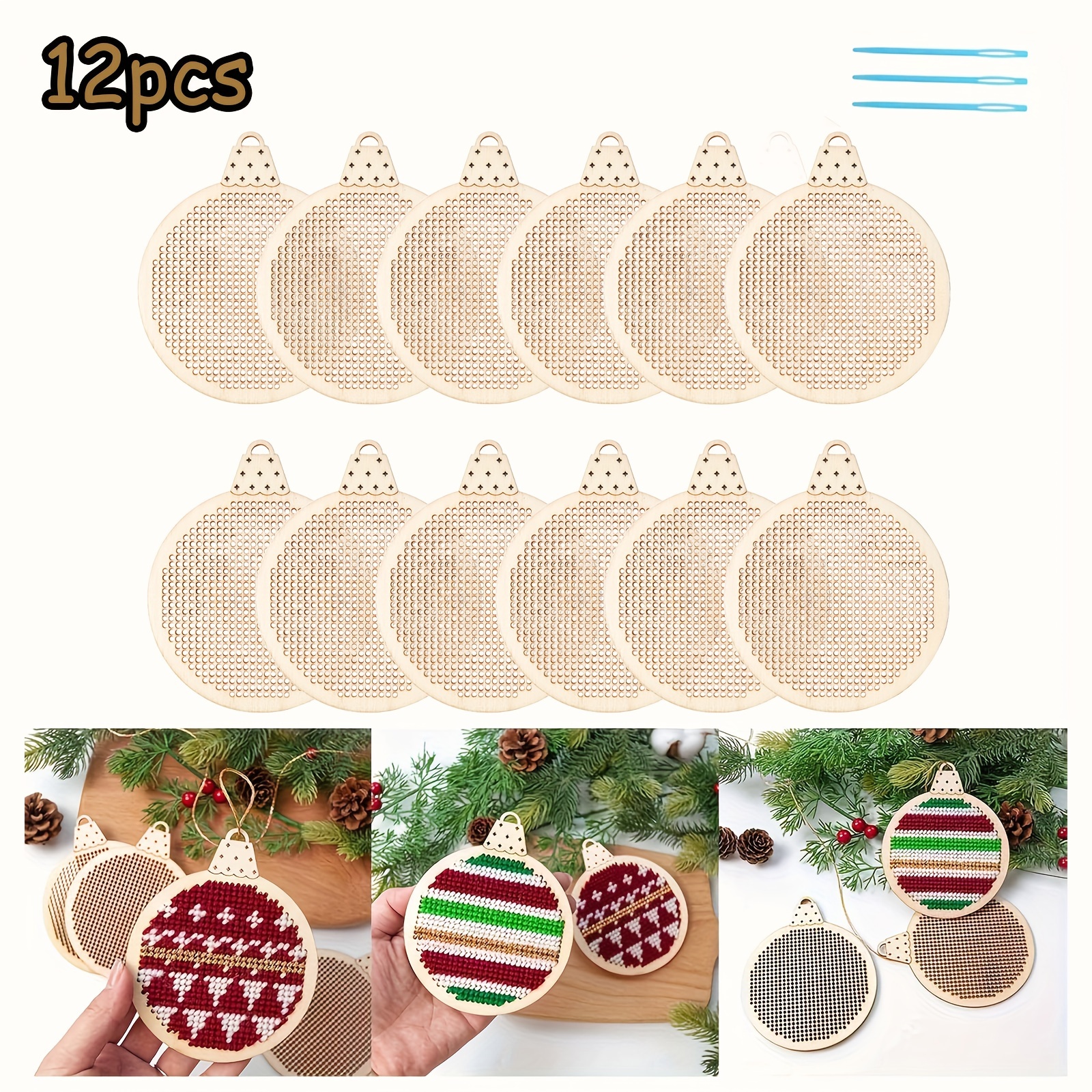 

12pcs Wooden Christmas Stitch Pendants, 3d Embroidery Ornament Diy Crafts, Tree Decorations With Ribbon And Thread, Artistic Needlework Supplies For Sewing & Knitting