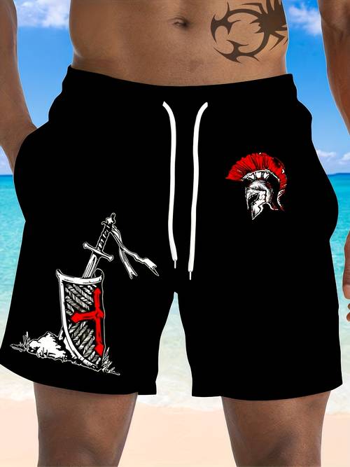printed design not textured mens beach shorts with spartan helmet sword and shield cross print quick drying shorts for seaside surfing and swimming casual sporty style halloween costume outfit comfortable and breathable