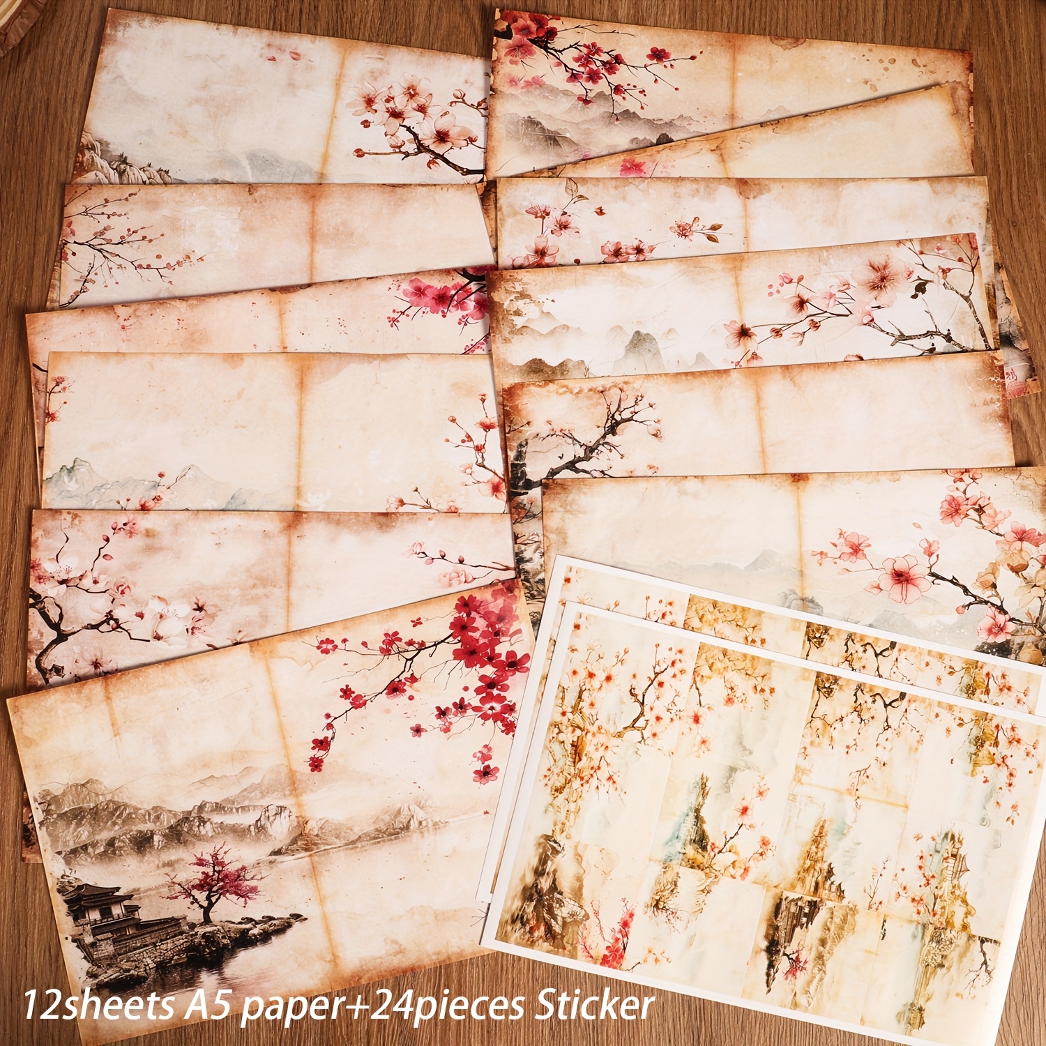 TEMU 36pieces(12 A5 Papers And 24stickers)peach Scenery Watercolor Diy Decoration Paper Pads, For Arts Crafts, Scrapbooking Supplies, Diy Crafts,