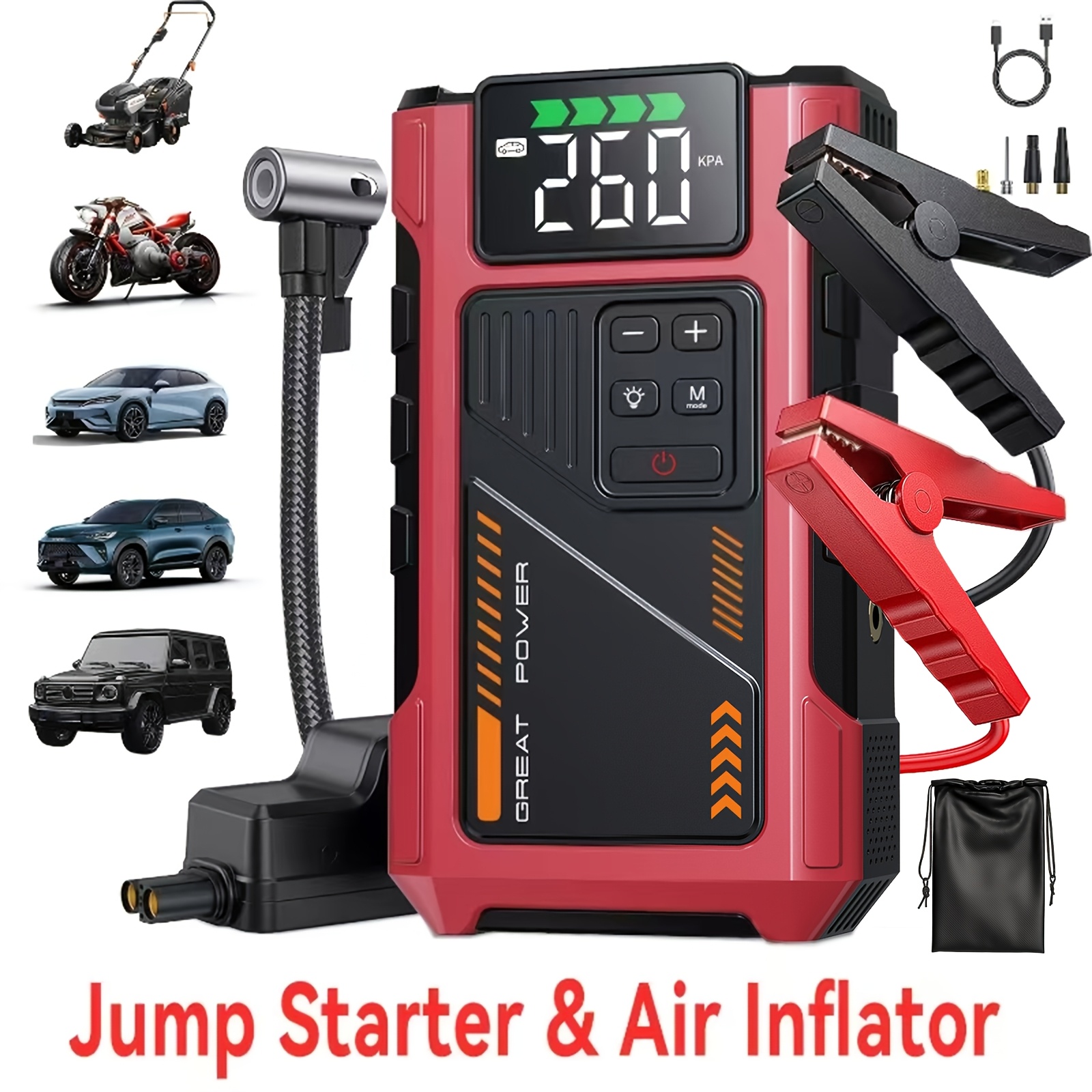 TEMU Emergency Jump Starter With Air Compressor, 9-in-1 Portable Car Jump Starter With 150psi Digital Tire Inflator, Car Battery Charger, Compatible