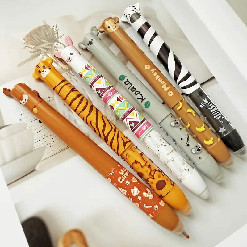 6pcs 12pcs cute zoo theme erasable gel pens two colors blue and red color ink pen with eraser clear double retractable clicks gel pen smooth writing for journaling supplies Product details 4