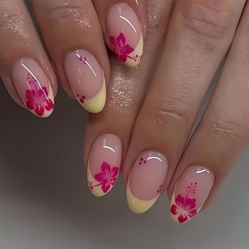 Upgrade Your Look With 24pcs Of Press-on Nails, Yellow Edge, Red Small Flower, Almond Shape, Makes Skin Look , Versatile, Sweet And , Removable Nails, With Jelly Glue, 1 Nail File, 1