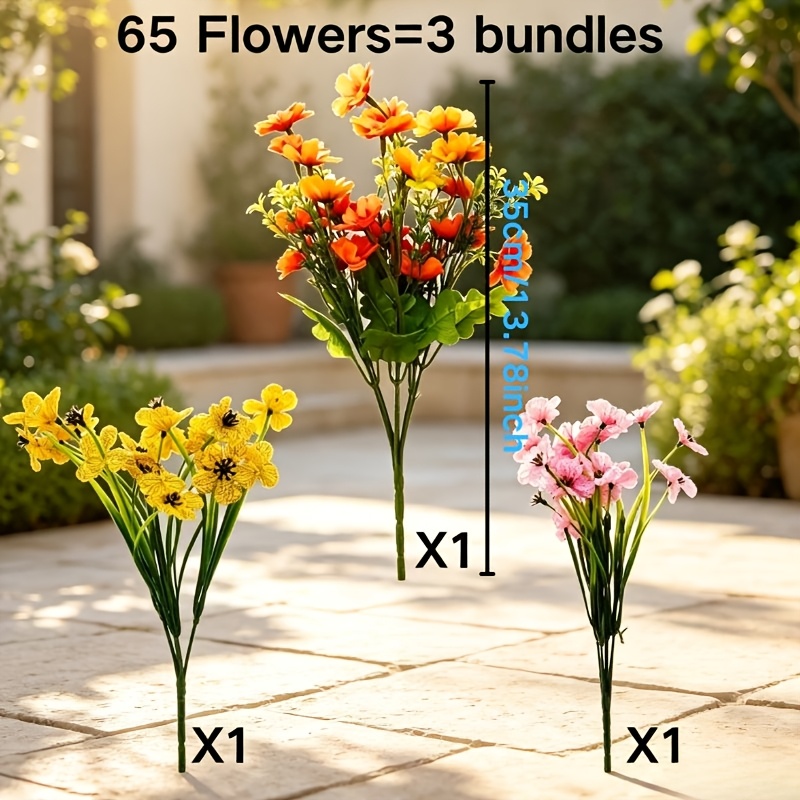 TEMU 65 Artificial Autumn Flowers For Outdoor Decoration, 3 Bundles Of Uv-resistant And Fade-proof Fake Flowers, Perfect For Courtyard, Garden, And