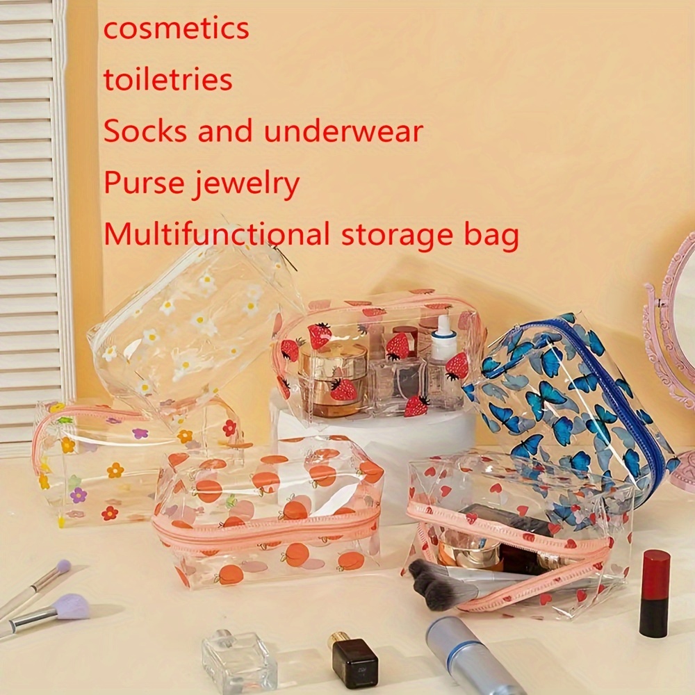 

Simple Style Heart Butterfly And Flower Print Transparent Durable Travel Toiletry Bag With Zipper Closure, Foldable And Lightweight Makeup Organizer For Daily Use And Travel