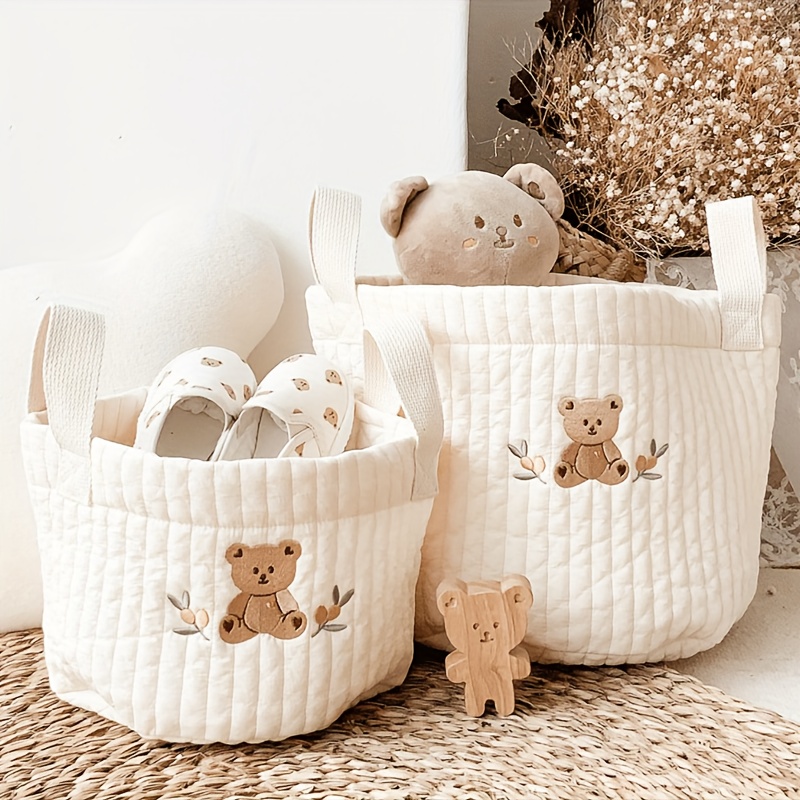 

1 Set Cute Bear Baby Diaper Storage Basket - Embroidered Nappy Organizer For Newborns, Toys, And Supplies