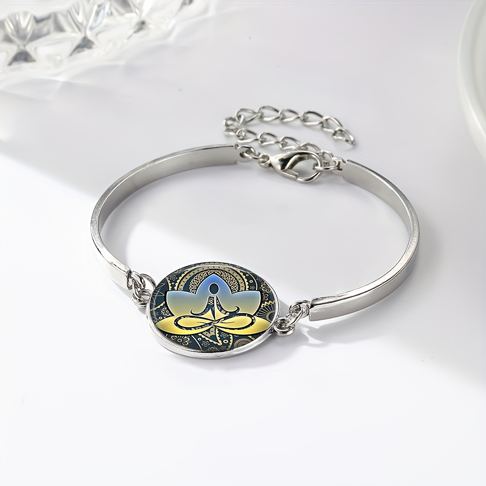 White Flat Glass Retractable Length Bracelet, Yoga Meditation Design