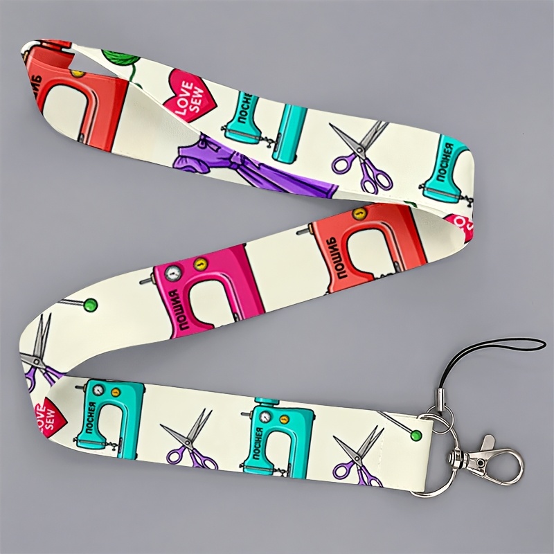TEMU 2d Flat All-gender Lanyard Suitable For Office Workers And Students, Colorful Sewing Machine And Scissors Print, Id And Phone Holder For Sewing