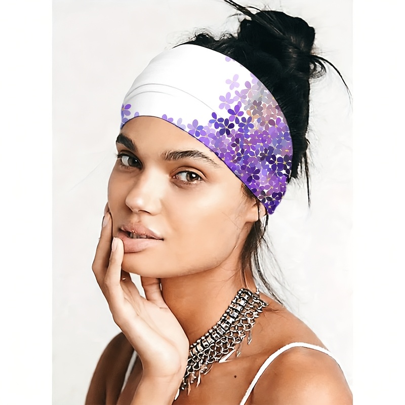 2D FLAT White Background with Purple Flower Gradient Sequin Pattern Headband, for Yoga / Gym / Running / Cycling, Travel / Outing / Beach, Wide-Brim / Fashion Hair Accessory / Sweat-Absorbent / Elastic / Knotted Design, Valentine's Day, 2D Flat