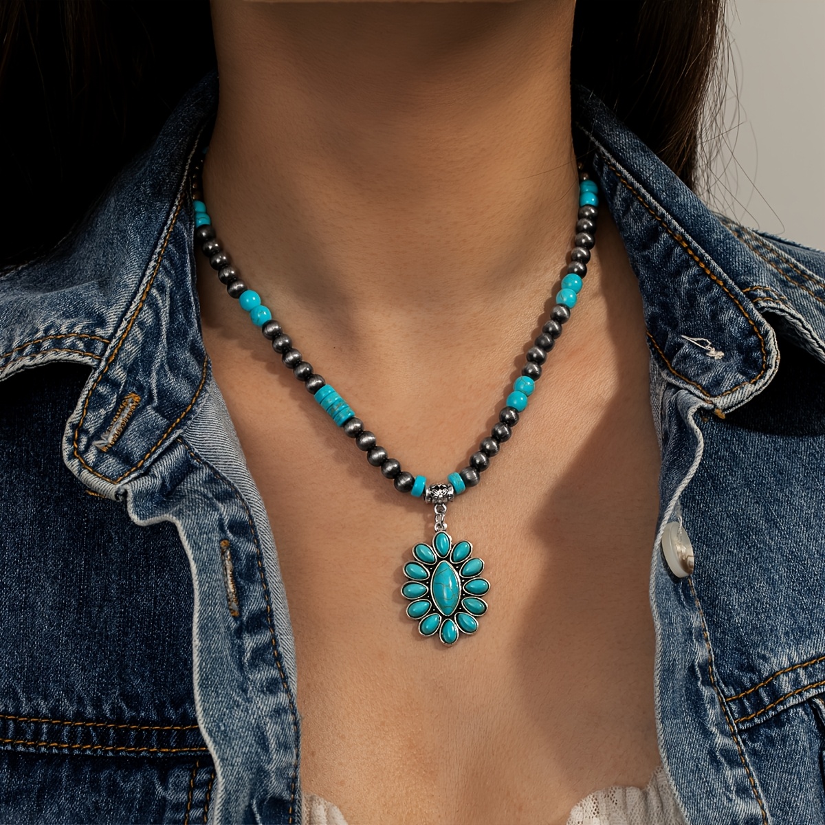 TEMU Collier unisexe 1 pièce style western rétro avec fleur en alliage, perle brossée et perles turquoise, bijou empilable, cadeau pour un port
