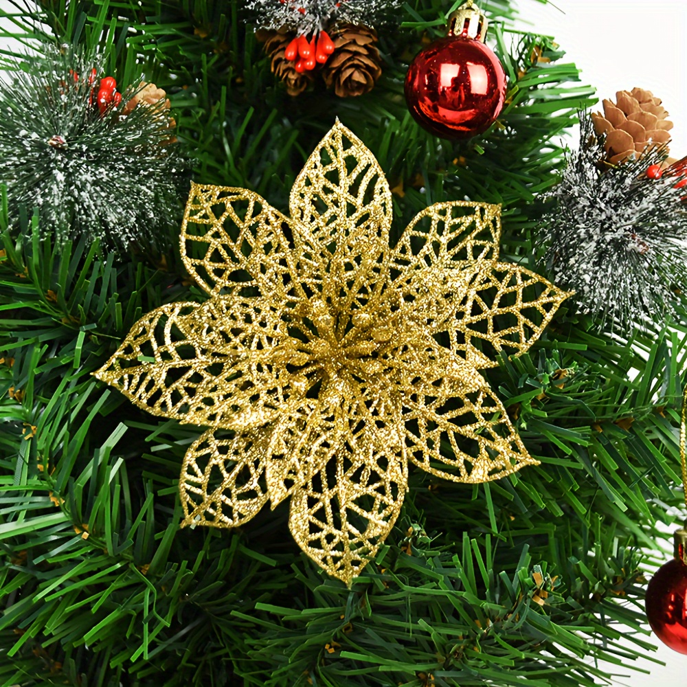 

6pcs Mini Christmas Flowers With Golden Glitter - 15cm For Tree, Wreath & Rattan Decorations - , Christmas Tree, Simulation Flowers, Kelzero