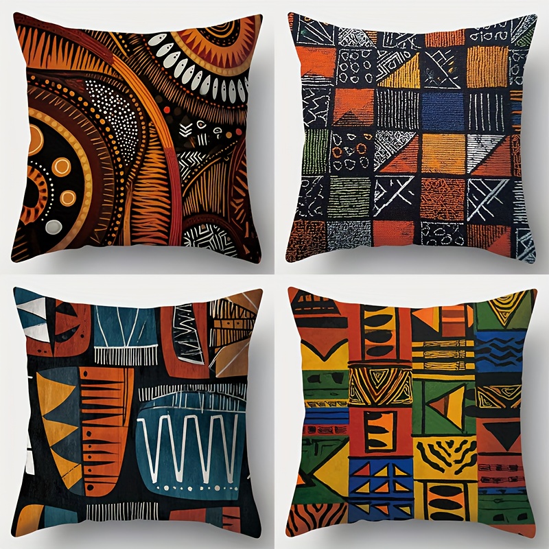 TEMU 2d Flat - Set Of 4 Decorative Pillow Covers With 2d Printed Designs, Featuring Patterns African , Geometric Shapes, Vibrant Colors, And Unique
