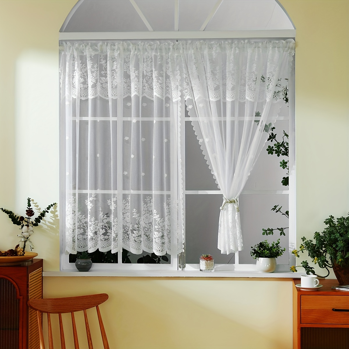 

2pcs Elegant White Lace Curtains With Floral Patterns - Style, Light-filtering Drapes For Kitchen, Cafe, And Door Decor, Machine Washable, Rod , Curtains For Living Room