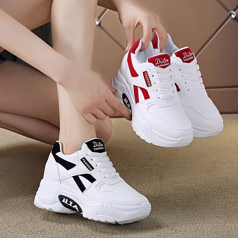 

Women's Casual Dad Sneakers - White With Red Accents, 8cm Sole, Lace-up, Height Increase Shoes, Casual Footwear|chunky Sole Sneakers|