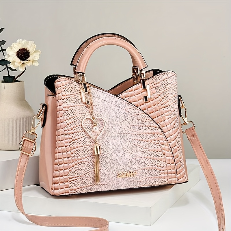 

New Women' European And Fashion Crocodile Pattern Handbag Large Capacity Handbag Single Shoulder Crossbody Bag Love Pearl Pendant