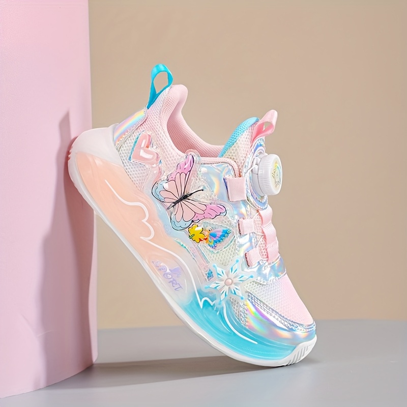 Girls' Fashion Pink Cartoon Butterfly Casual Sports Shoes | Cute Style with Rotary Buckle, Low Top Design, Upper, TPR Sole