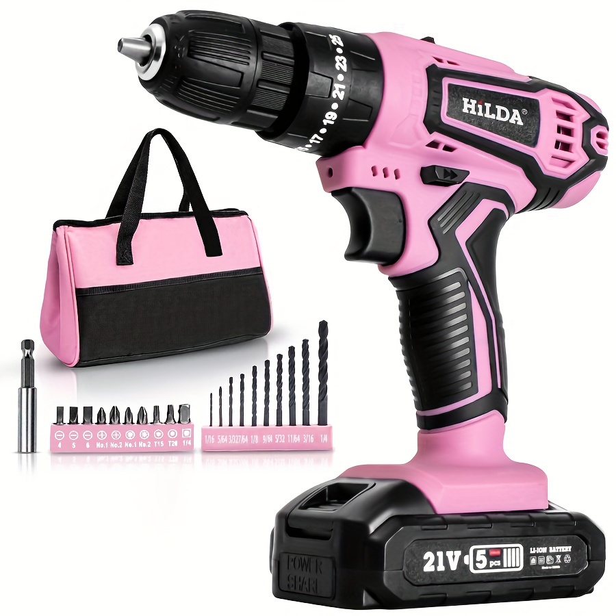 

Pink Cordless 21v Lithium-ion Drill Driver Set, 1 Battery, Charger And Storage Bag Included -