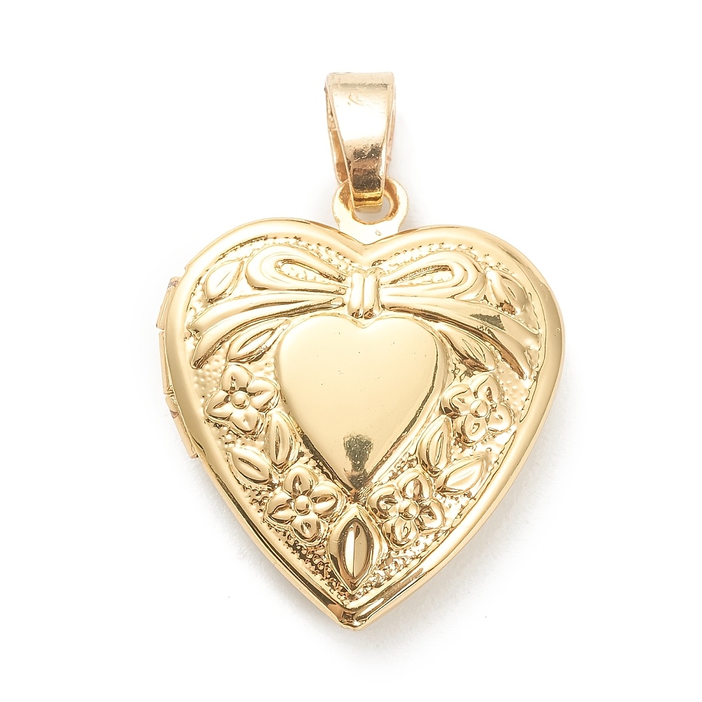 10pcs 18K Gold Plated Brass Locket Pendants, Heart-Shaped Photo Frame Charms for Necklaces, Durable Plating, Jewelry Making Supplies, Perfect for Valentine&#39;S Day Gifts, Crafts, 21.5x17x4.5mm with 5x4mm Hole &amp; 10x9.5mm Inner Diameter