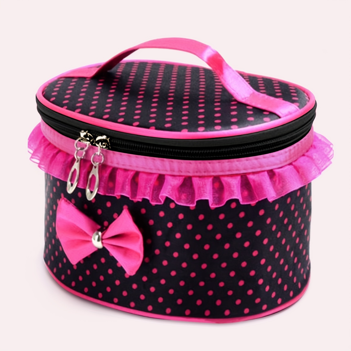 

Portable Waterproof Makeup Bag With Polka Dots, Pink Lace Trim & Bow, Large Capacity, Cosmetic Organizer, Travel Toiletry Case With Handle, Round Cylinder Shape