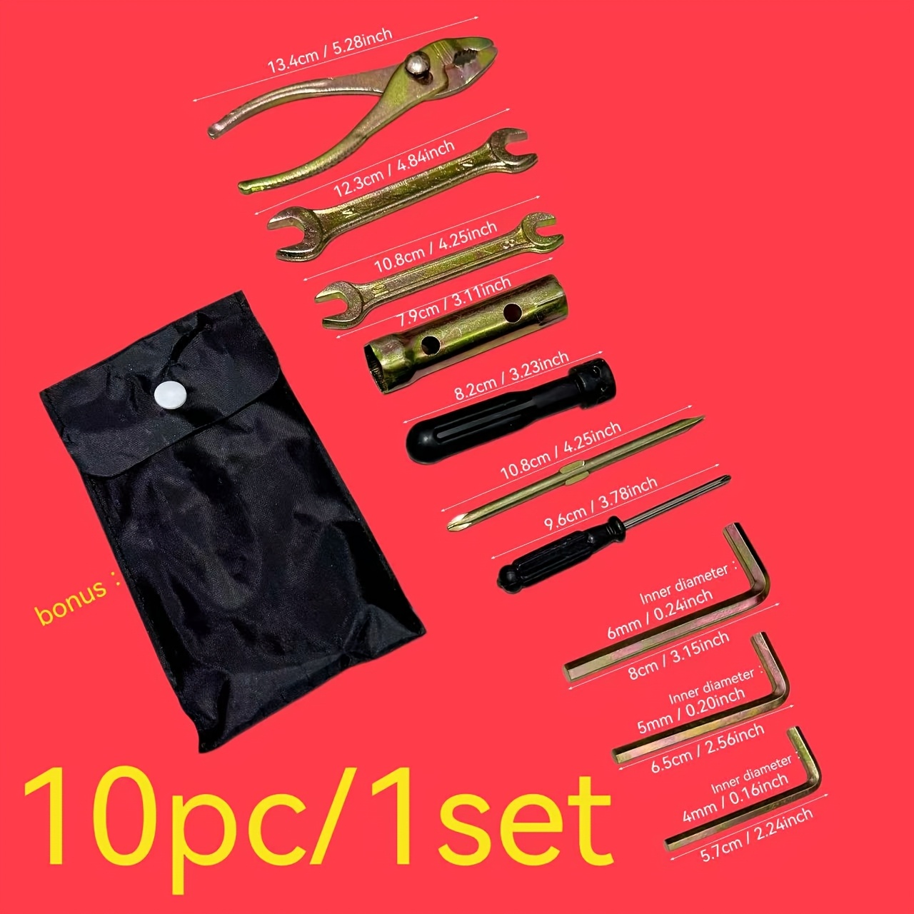 TEMU 10pcs Motorcycle Repair Tool Kit, Portable Household Hand Tool Set With Storage Pouch, Universal Wrench Pliers Hex Key Screwdriver For Bike