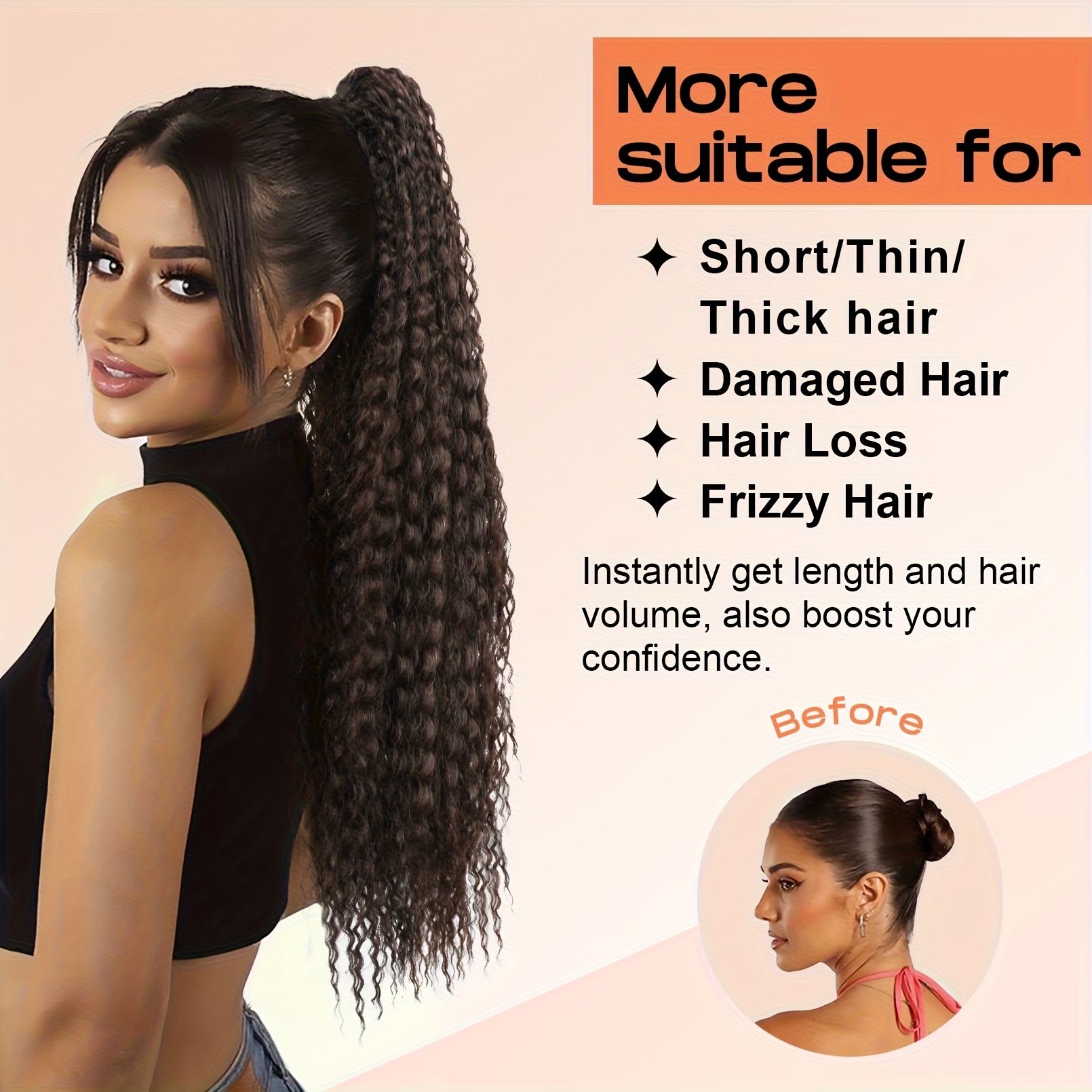 50.8cm long   ponytail extension with elastic rubber band - 12 strands synthetic hairpiece for women,   afro curly hair, easy to style, natural look,  , natural look hairpiece,   hairband details 5