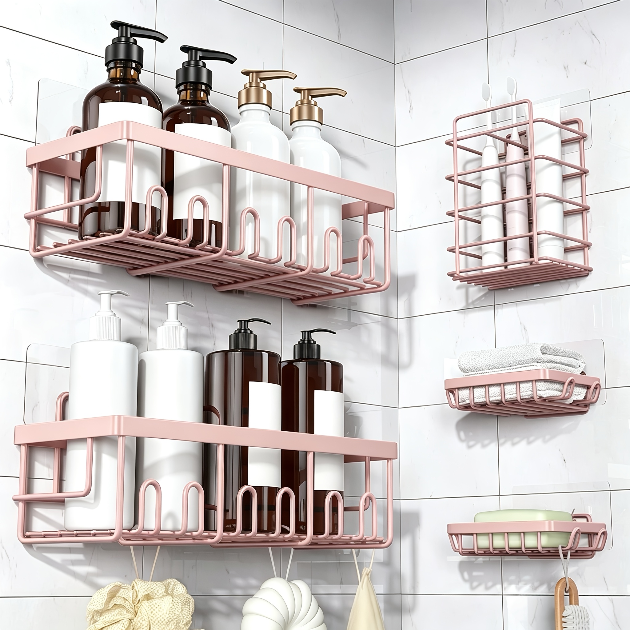 TEMU 5 Pack Shower Caddy Rustproof Stainless Steel Shelves, Large Capacity Bathroom Organizer With Soap, Toothbrush Holder, No Drilling Adhesive