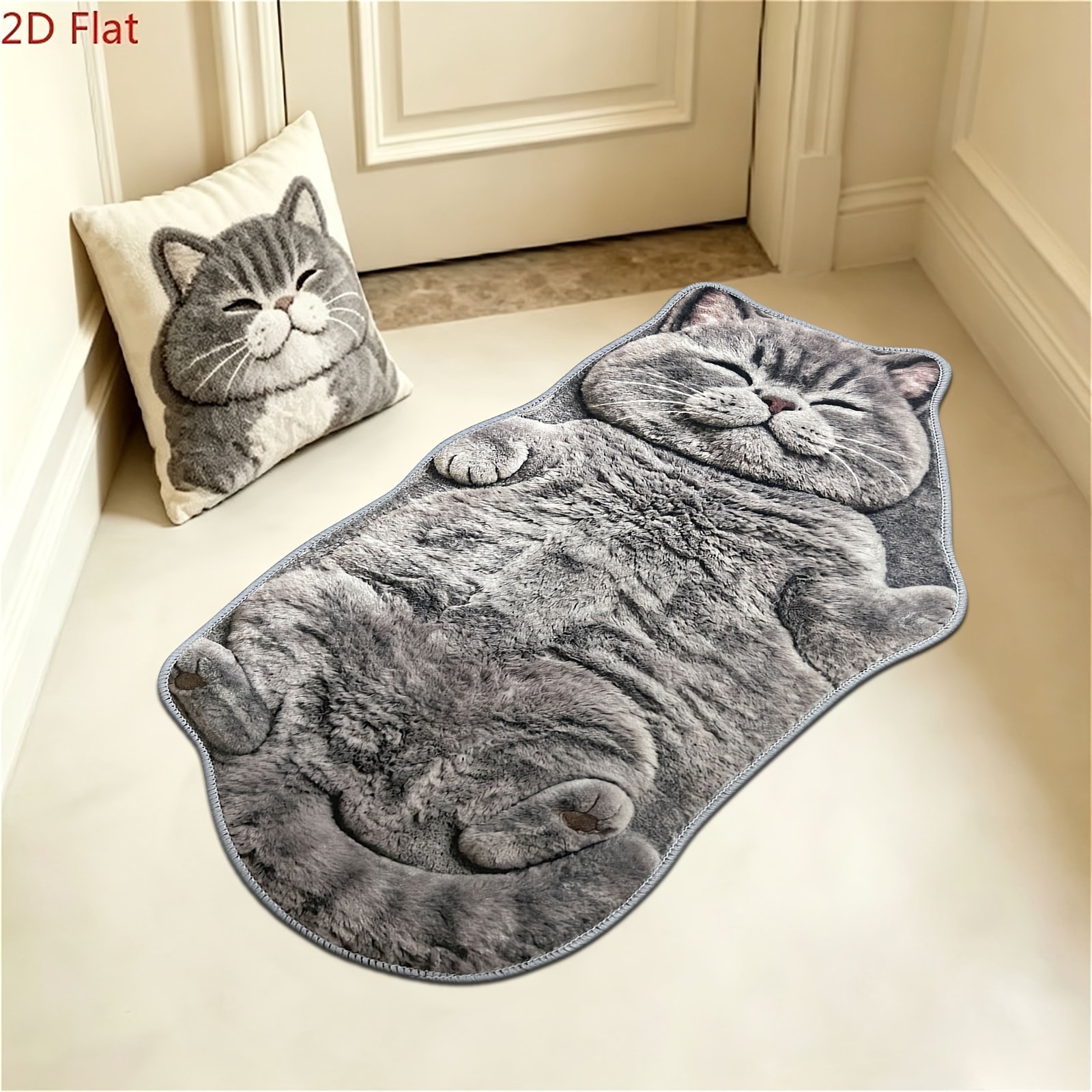 TEMU Thin-pile 2d Printed Non-long Pile, Cute Simulation Soft And Cute Kitten Bedroom Decor Plush Carpet Creative Gray Cat Shape Entrance Door Mat