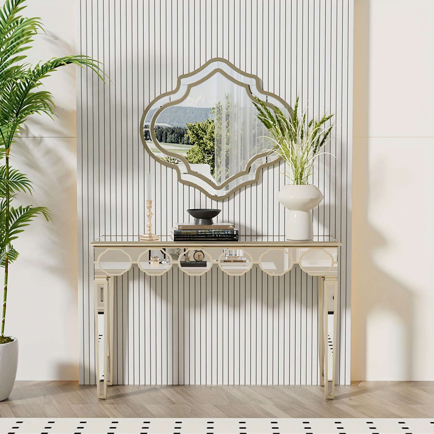 AESOME Luxury Elegant Mirrored Console Table 47.24 Rectangular Silver Mirrored Entryway Table Lantern-Shape Pattern Decor with Golden Rim Legs Sofa Side Tables Long Hallway Table for Foyer, Entrance, Offices Decor