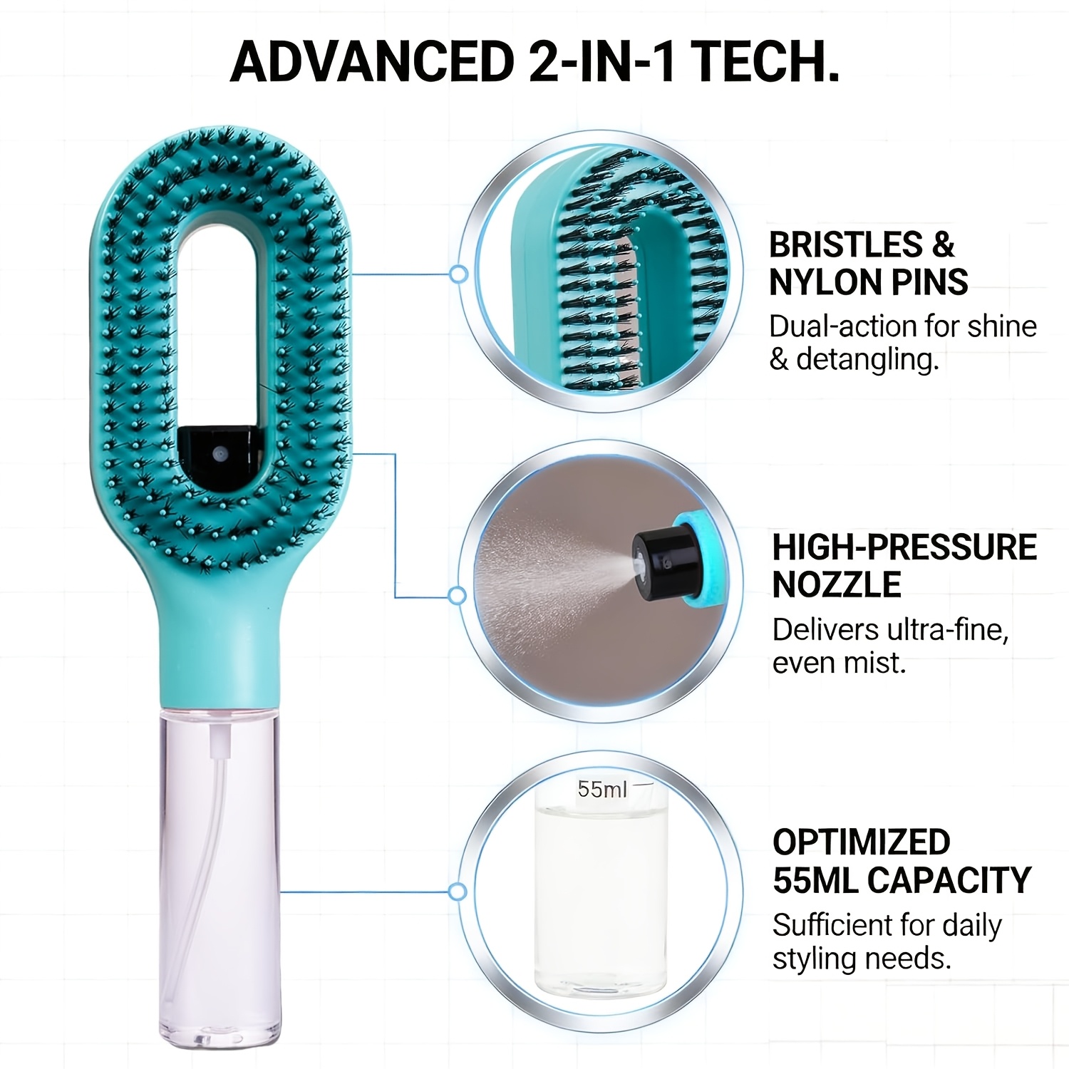 cepillo de pelo   - herramienta innovadora de spray y cepillado para peinar el cabello húmedo y   - cerdas anti-enredos, práctico reservorio de agua,   de usar para   de la   Detalles del producto 4