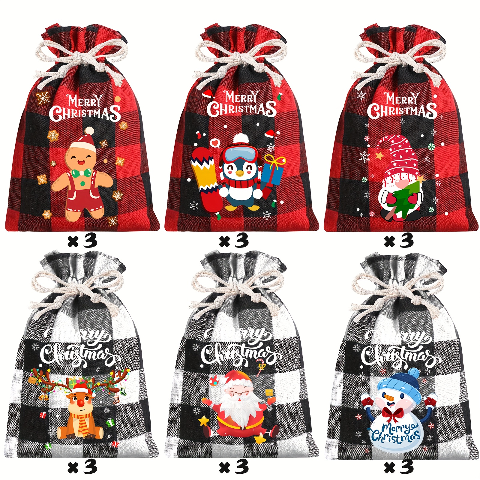 Image of 12/18pcs Christmas Burlap Gift Bags, Christmas Drawstring Bags Christmas Jute Burlap Treat Candy Goodies Drawstring Bags For Favors Supplies