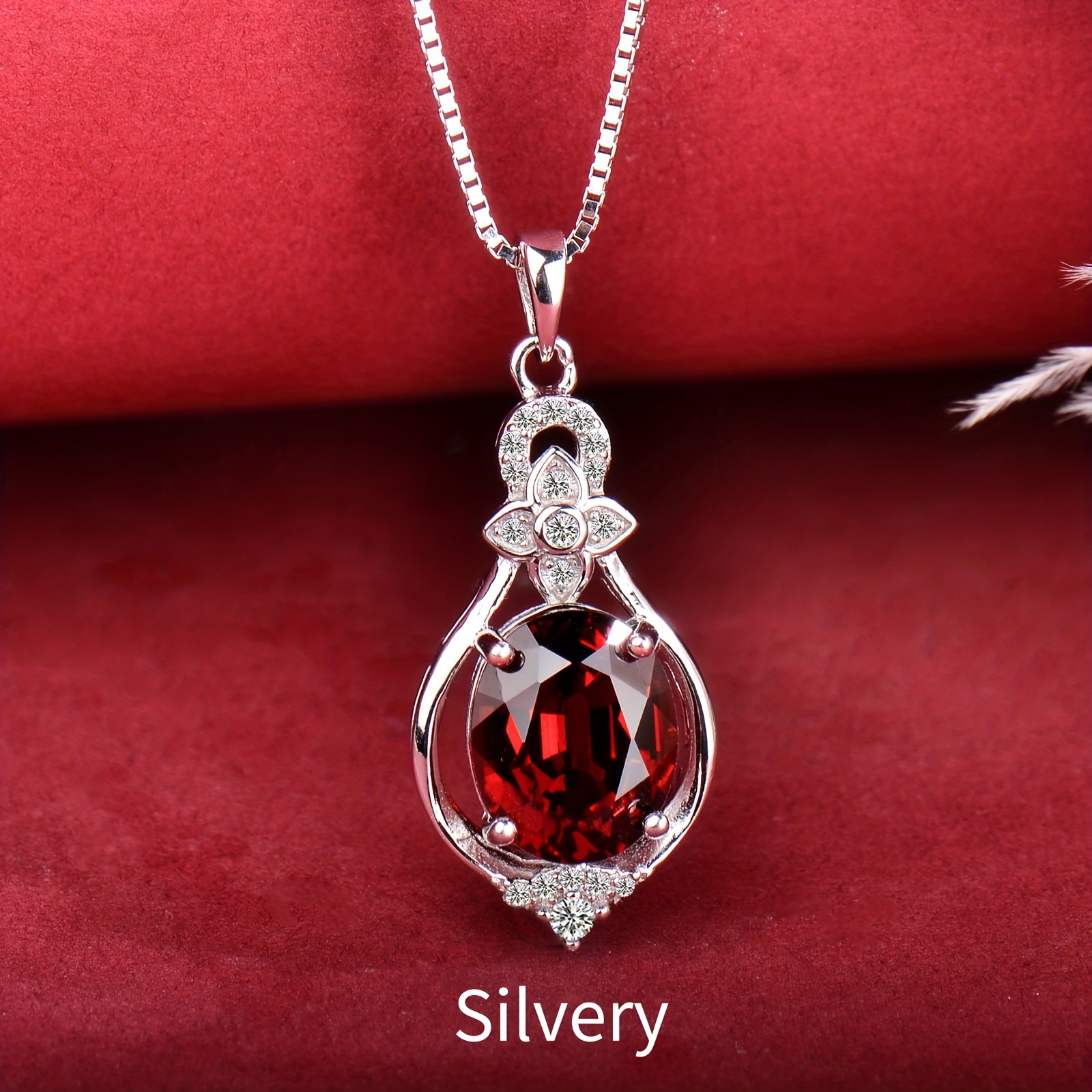 925 Silver Natural Garnet Pendant Necklace, Stylish and Colorful  Synthetic Gemstone Pendant with Burgundy Allergy-Friendly Jewelry Gift  for Mom