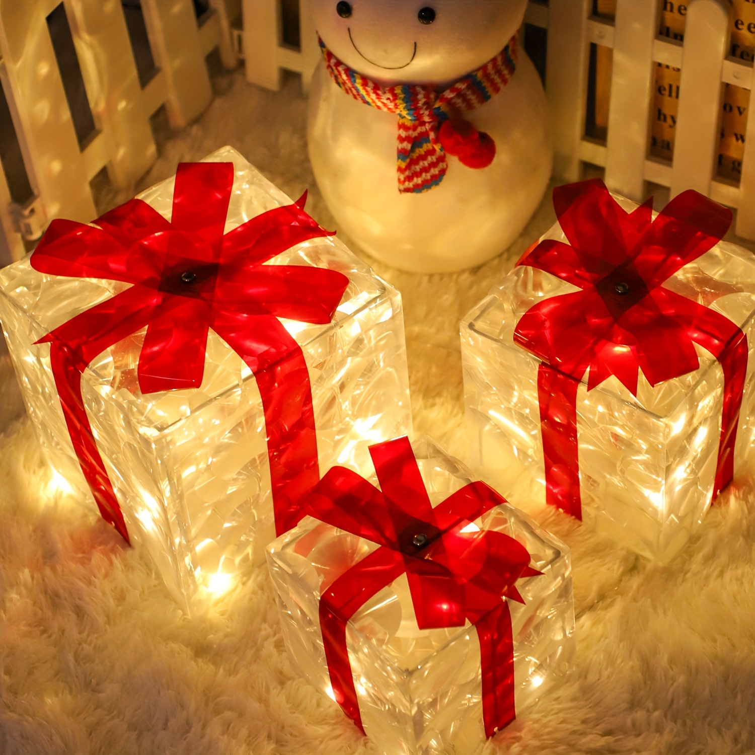 Image of 3pcs Christmas Light Gift Box Set, Transparent Warm White Light Christmas Decoration Box With Red Bow, Suitable For Christmas Tree, Home, And Christmas Decor