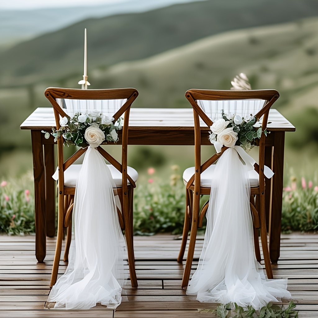 E-shop 2 Stück, Fotoautomaten-Requisiten Elegante weiße Hochzeitsstuhl-Deko Semi-Sheer Tüll, langes Blumenmuster - Geeignet für Hochzeiten, Partys,