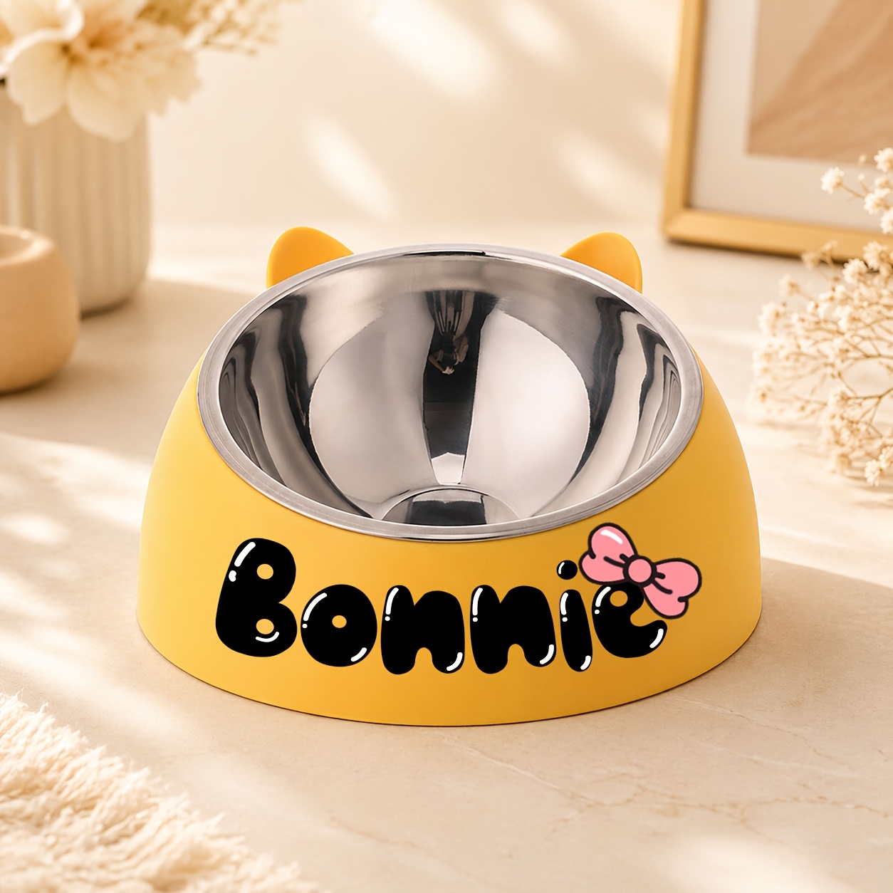 TEMU Personalized Cute Cat And Dog Bowl, Custom High Quality Stainless Steel Pet Bowl, Tilt Pet Bowl For Neck Protection, Nice Gift For Pets
