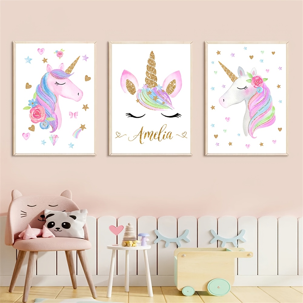 TEMU 2d Flat, 2d Flat, Set Of 3 Personalized Custom Name Posters, Unicorn Canvas Painting, Cartoon Horse Art Print, Pink Heart And Flower Wall