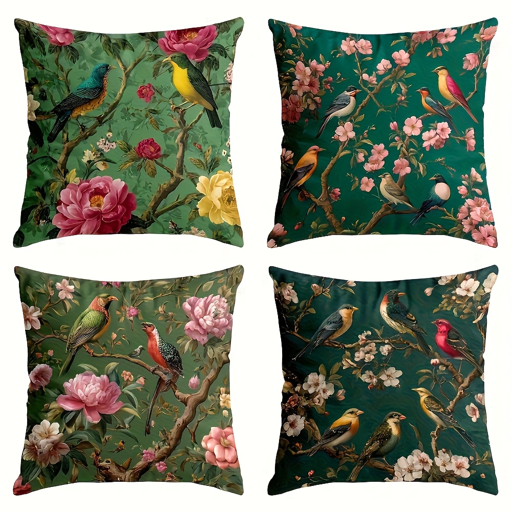 TEMU Set Of 4 Vintage Botanical Bird Floral Pattern Short Plush Pillow Covers, 18x18 Inches - Double-sided Print, Soft Short Plush Fabric, Hidden