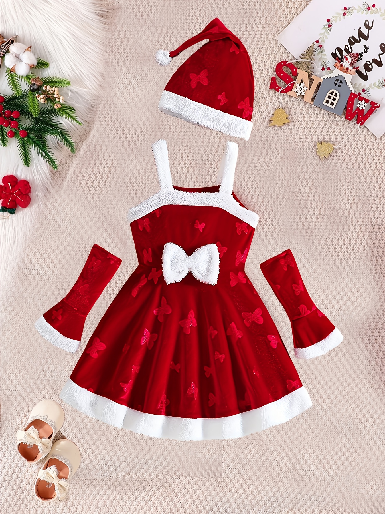Girls' Cute And Elegant Christmas Romantic Brick Red Suspender Random Print  Front Three-Dimensional Bow Dress with Furry Christmas Hat New Autumn And  Winter Dress Suitable for Holiday Vacation Daily ...
