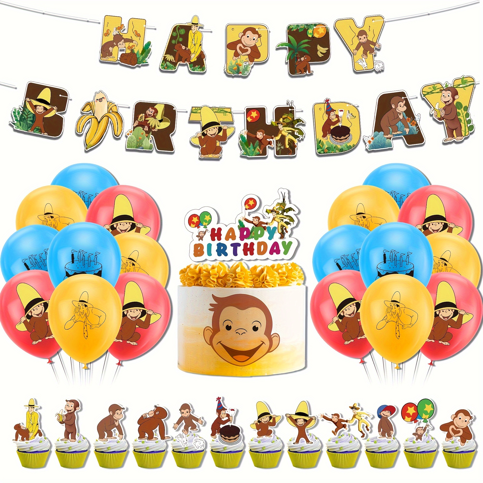 

Monkey Birthday Party Decorations: 32-pack With Happy Birthday Banner, Balloon Cake Topper, And Cupcake Toppers