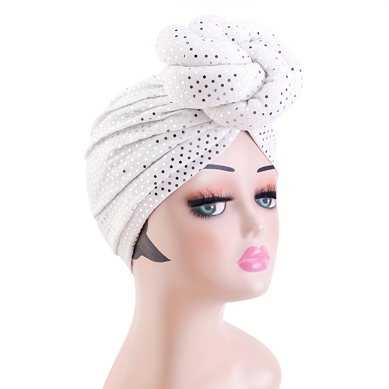 Sparkling Sequin Twist Knot Turban Hat Breathable Polyester Head Wrap  Beanie with Stylish African Muslim Women’s Headscarf in Blue