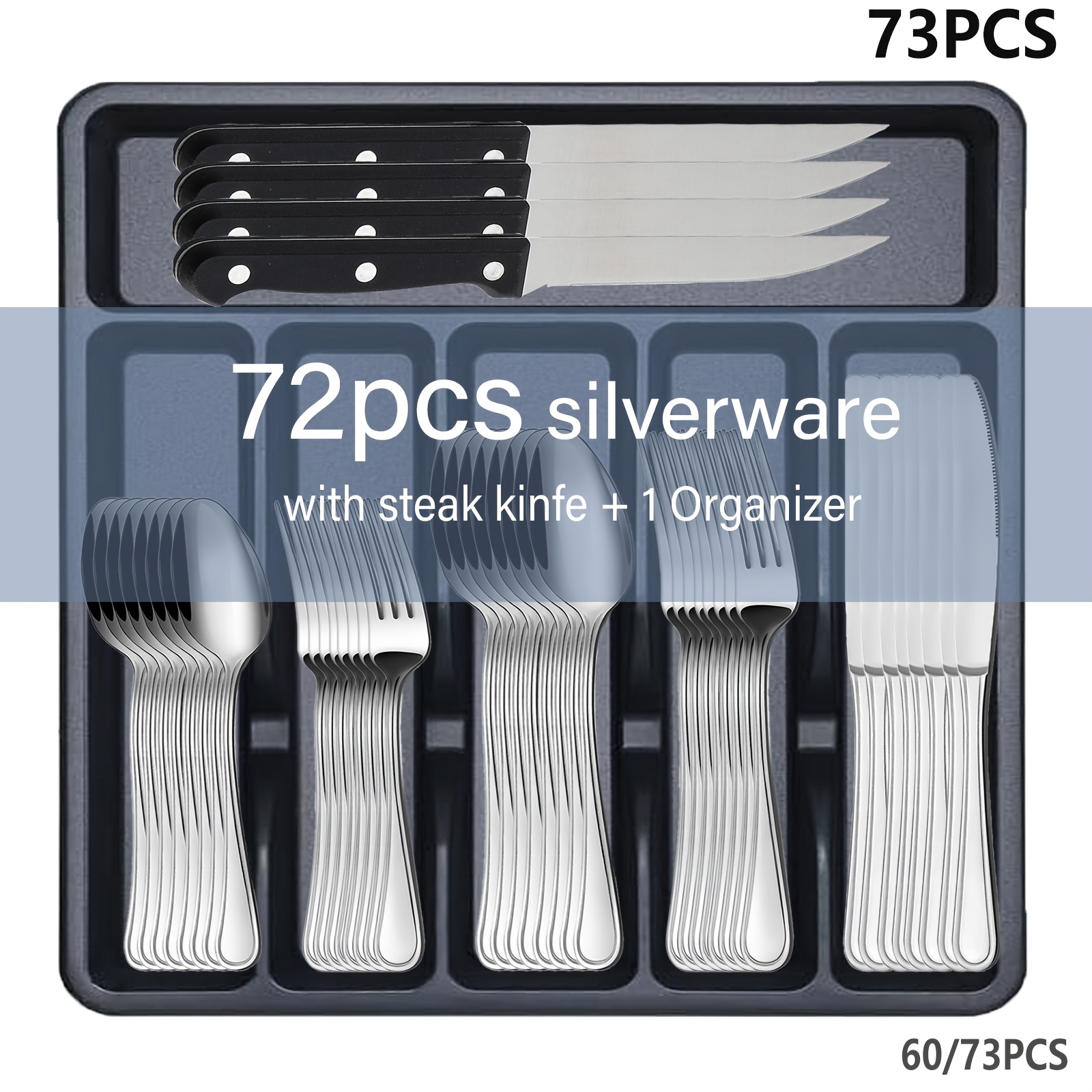 60/73pcs, Stainless Steel Cutlery And A Storage Box, Suitable for 12 People; Mirror-polished Kitchen Utensils, Steak Knives, Spoons, Forks, And Tray, Ideal for Wedding, Camping, Home, Birthday, Suitable for Parties And Christmas Party.