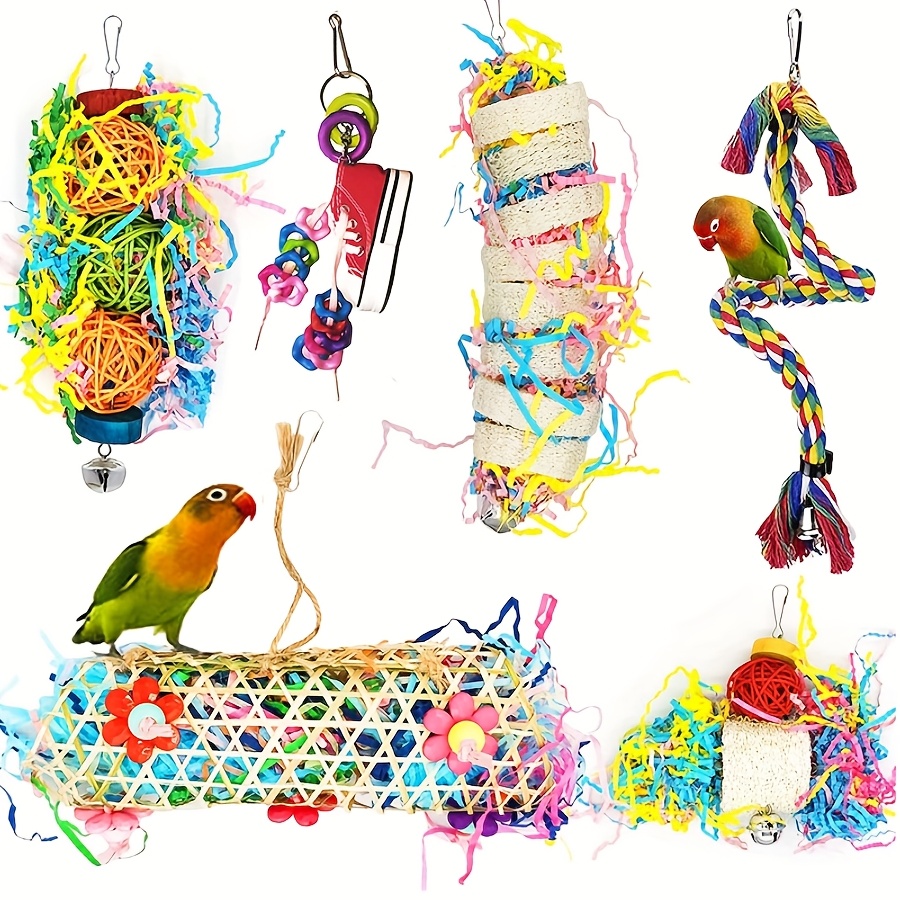 

6pcs Vibrant Parrot Playset - Climbing, Chewing & Swinging Toys With Artificial Grass & Shreddable Paper - Ideal For Small To Medium Parrots | Bird Cage Accessories, Melon, Boredom