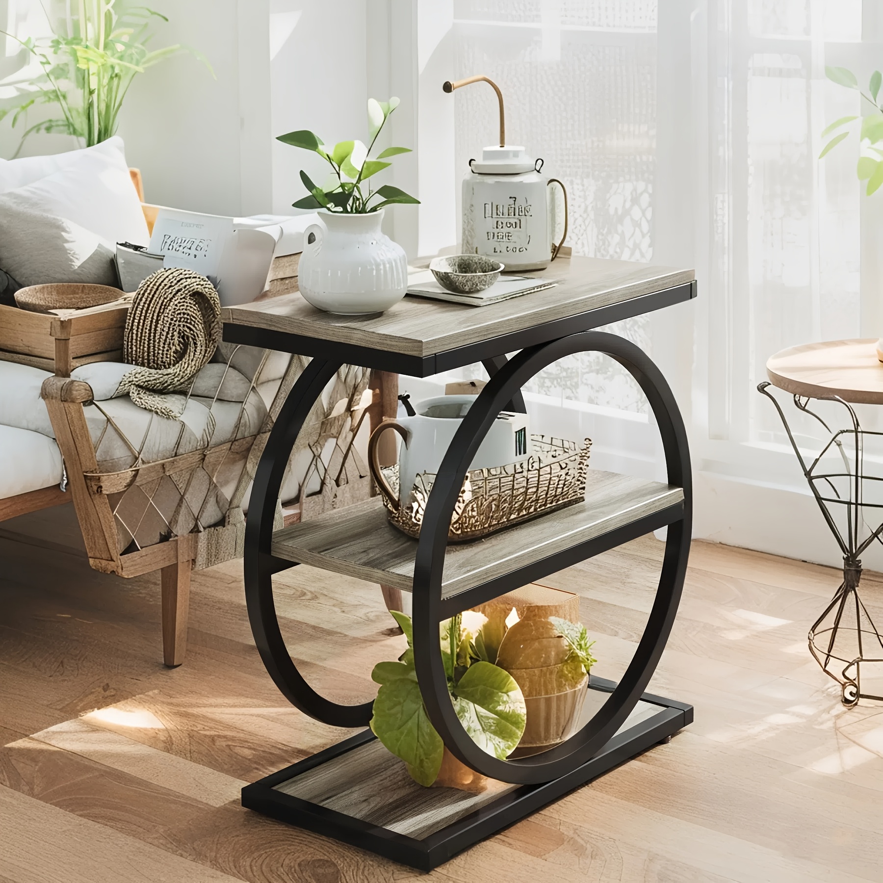 Vintage End Table Set Of 2, Narrow End Table with 3 Storage Shelves, Farmhouse Wooden Side Table, Industrial Small Sofa Side Table for Living Room, Modern Slim Nightstand And Bedside Table for Bedroom