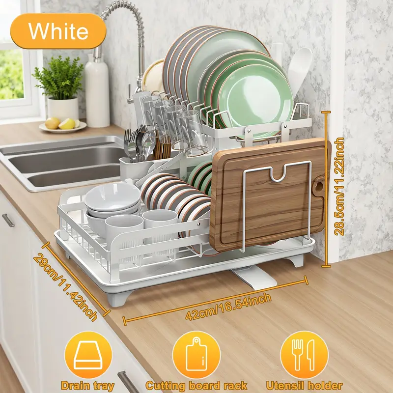 1pc large 2 tier carbon steel dish drying rack with glass utensil holders and extra drying mat rust resistant metal dish drainer for kitchen countertop black Product details 1