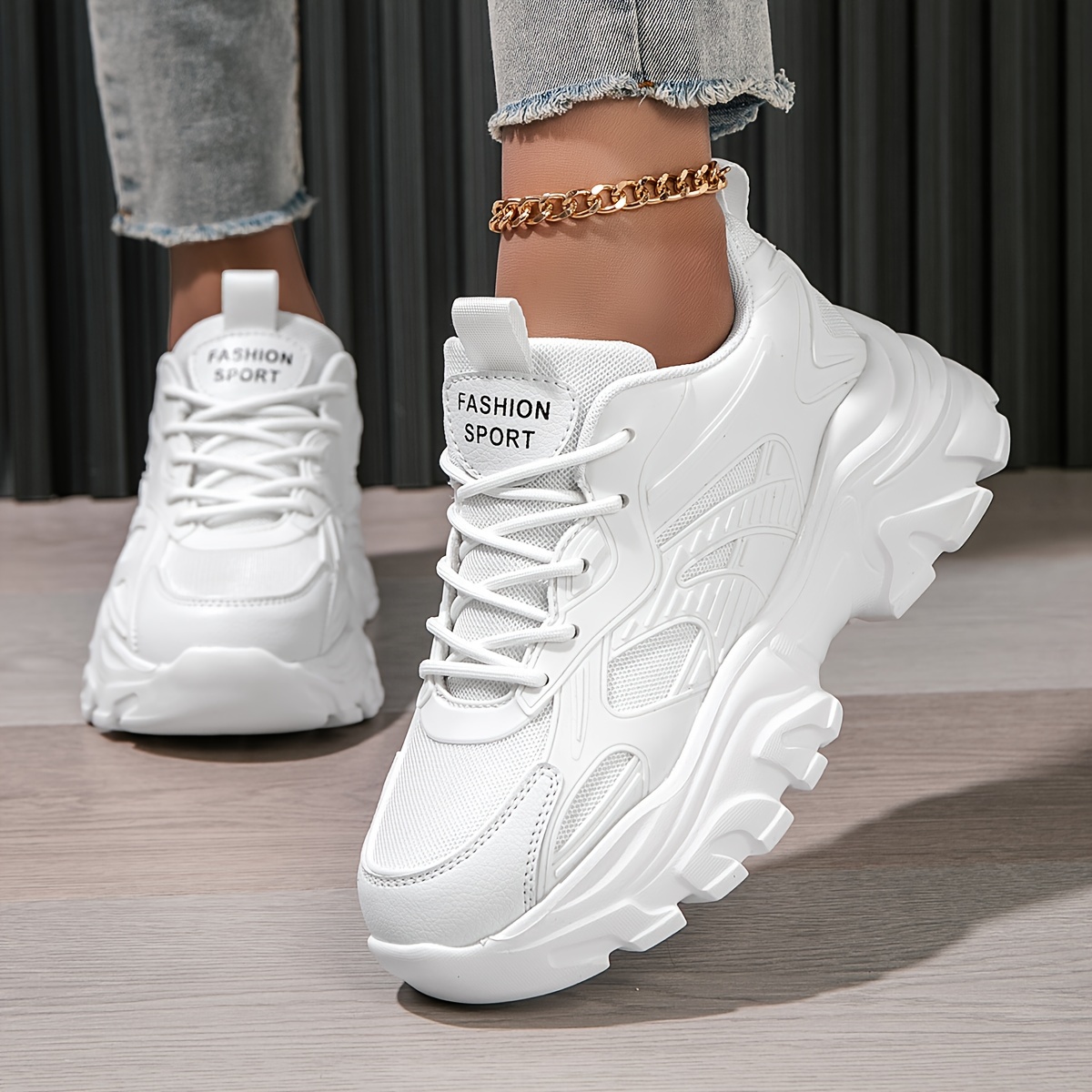 Women's Fashion Solid Color Mesh Breathable Front Lace-up Sneakers, Outdoor Casual Thick-soled Versatile